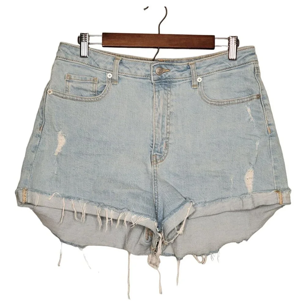 Wild Fable Super High Rise Rolled Cuff Denim Shorts Light Wash Distressed 10
